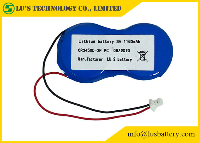 CR2450-2P Knopf-Lithium-Münzen-Zelle 1200mah 3.0v mit Verbindungsstück der Draht-JST